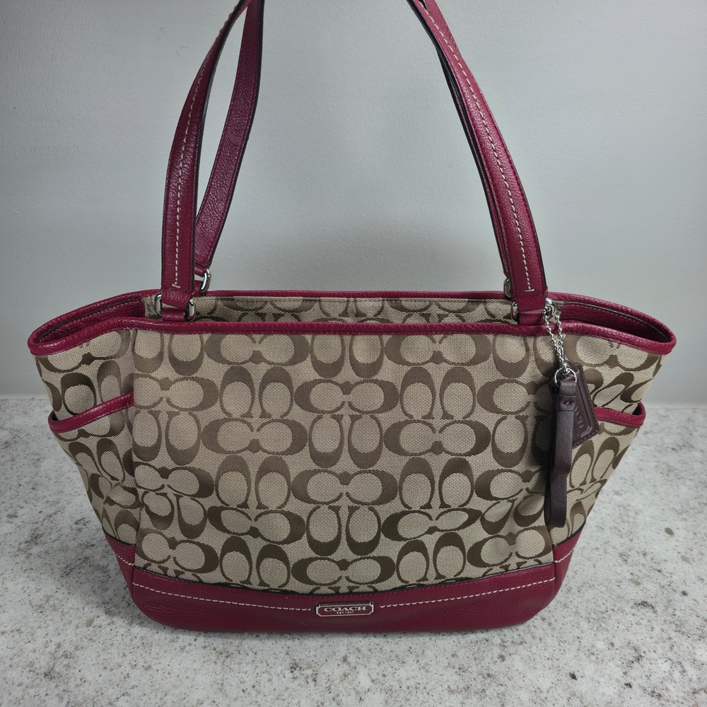 Coach Taylor Signature Tote Khaki Magenta Pink Leather Trim F23297 Bag